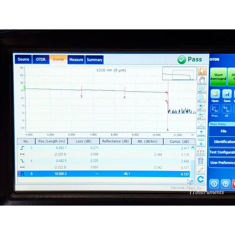 EXFO FTB-1 FTB-730 OTDR showing OTDR trace graph at 1550 nm on the colour touchscreen