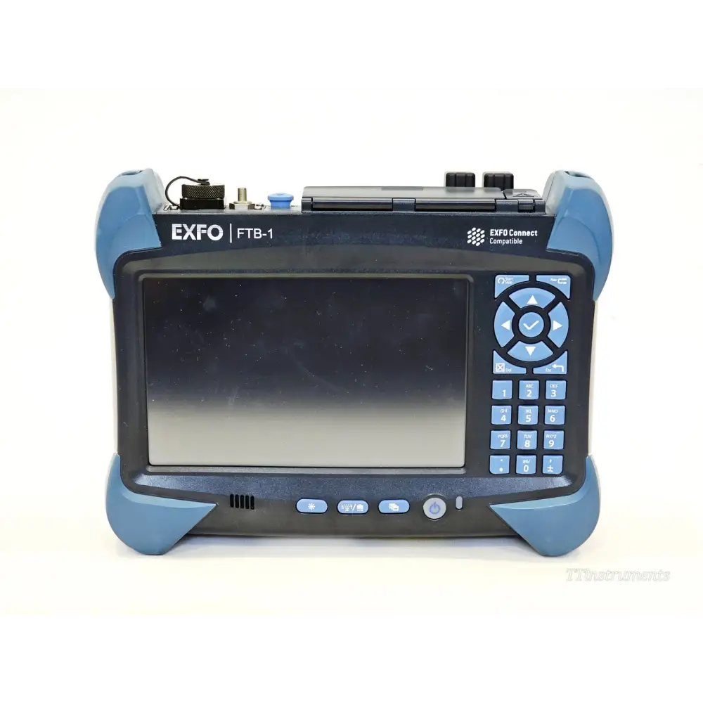 EXFO FTB-1 FTB-730 OTDR system showing the 7-inch colour touchscreen with OTDR trace displayed