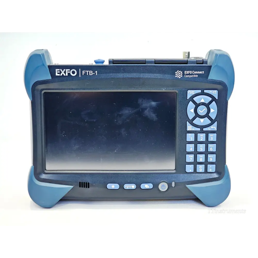 EXFO FTB-1 front view showing 7-inch touchscreen, numeric keypad and EXFO Connect logo