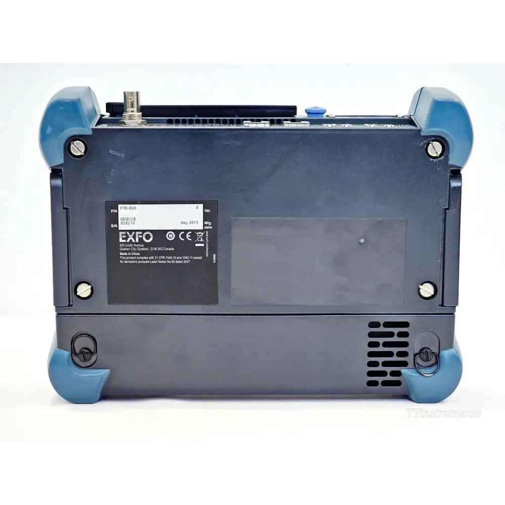 EXFO FTB-860 module rear label showing P/N FTB-860, S/N 838276, manufactured May 2015