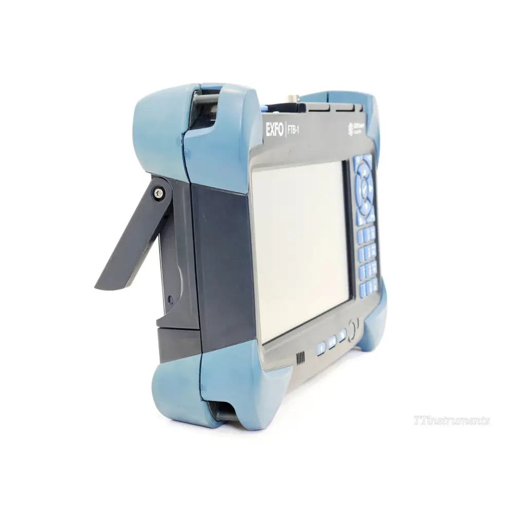 EXFO FTB-1 left-side view showing extended kickstand support and module back panel