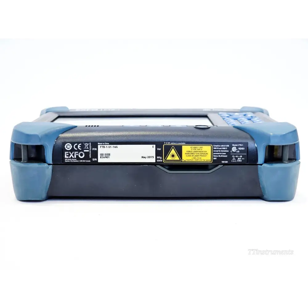 EXFO FTB-1 bottom edge showing P/N FTB-1-S1-16G label, S/N 836901, laser warning and CE marks