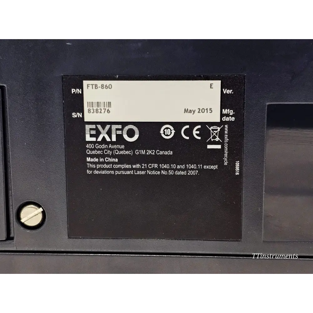 EXFO FTB-860 module label close-up showing P/N FTB-860, S/N 838276, EXFO branding, CE and RoHS marks