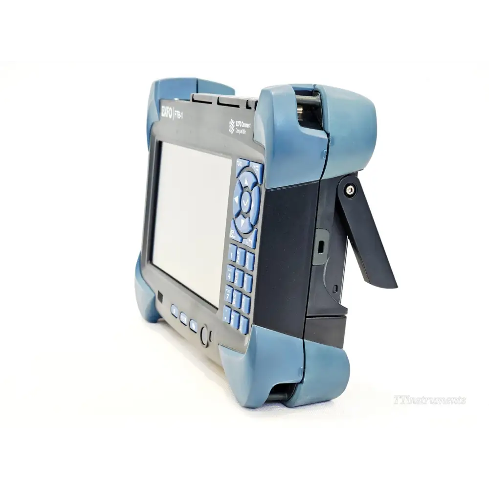 EXFO FTB-1 right-side angled view showing FTB-860 module, kickstand and module slot area