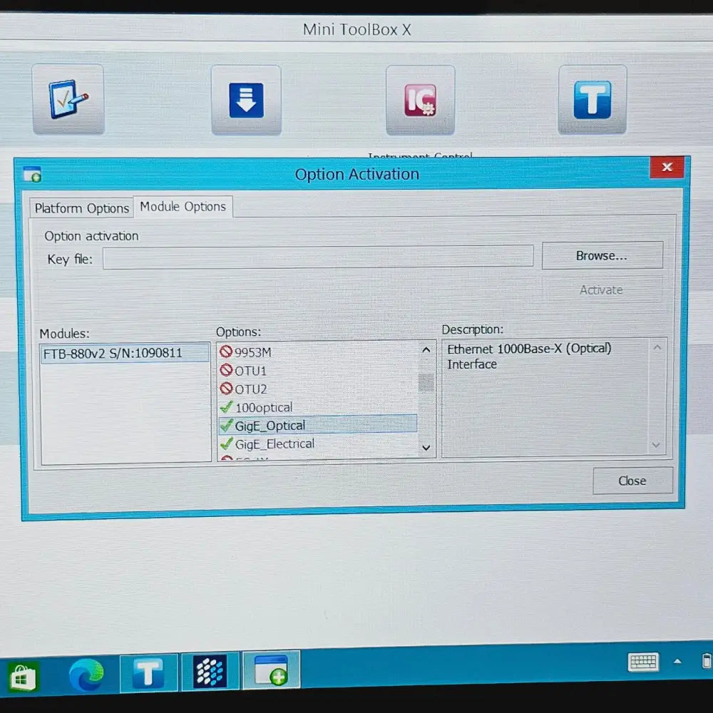 EXFO FTB-1 Pro GigE optical electrical test option active on screen