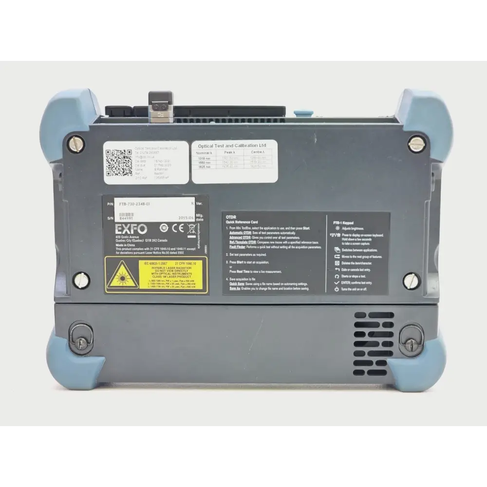 Close-up of EXFO FTB-730 module FC/PC optical port and wavelength labelling