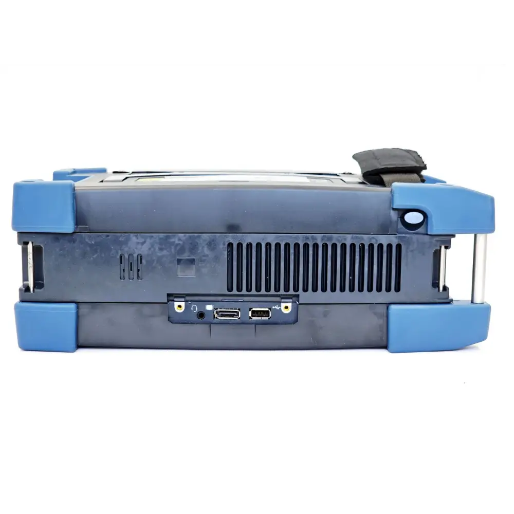 EXFO FTB-2 Pro bottom panel showing DisplayPort, USB ports, 3.5mm audio jack and ventilation slots