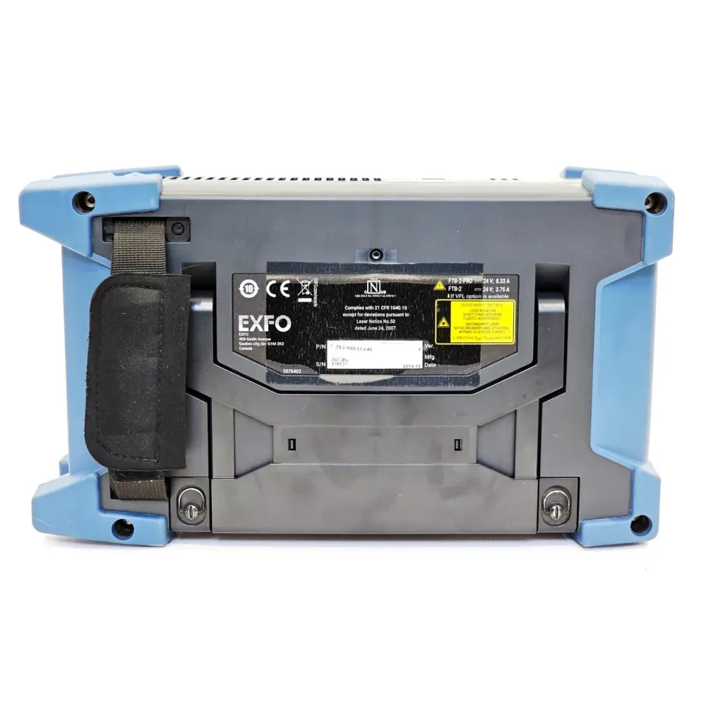 EXFO FTB-2 Pro rear panel showing regulatory labels, serial number, part number, EXFO branding and hand strap