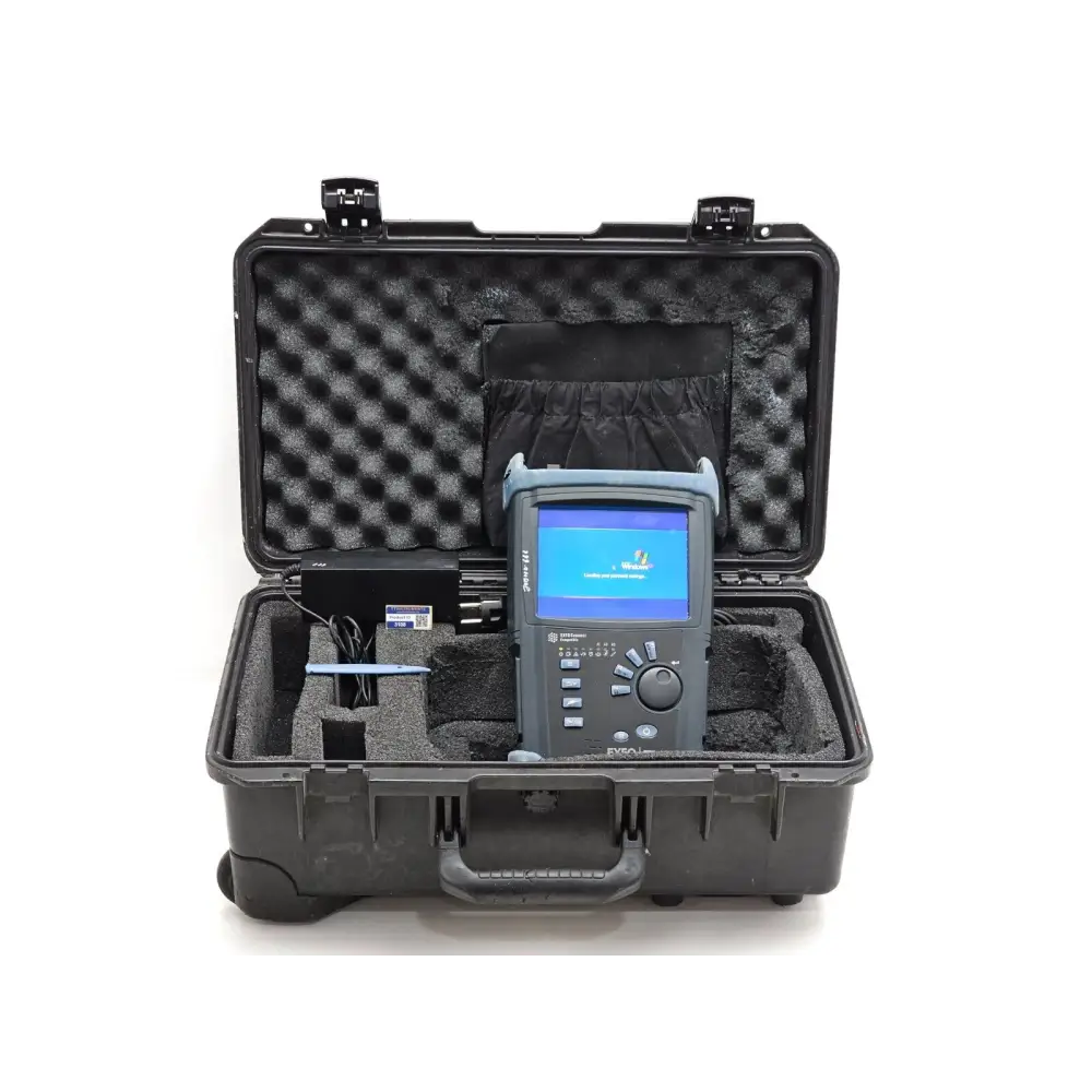 EXFO FTB-200 V2 with FTB-5240S-P OSA in open foam-lined wheeled carry case with power adapter and stylus