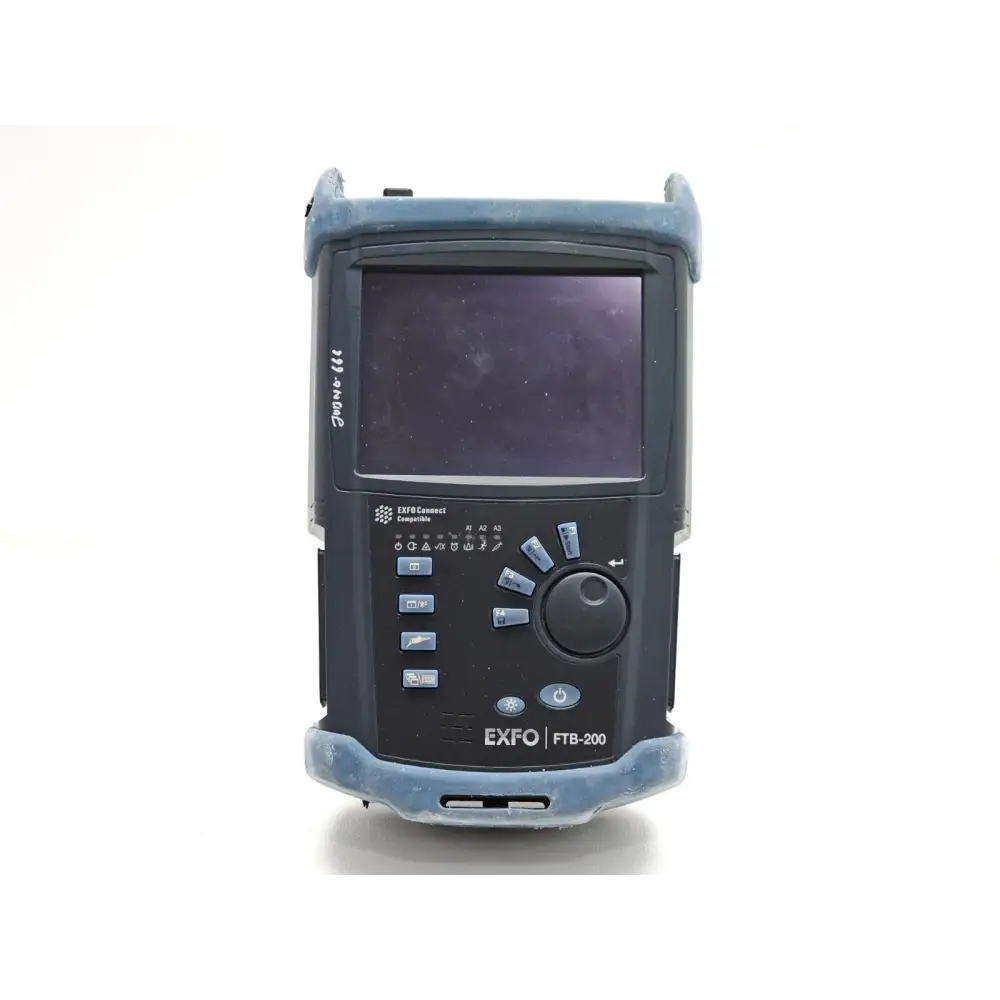 EXFO FTB-200 V2 front panel showing colour touchscreen booting Windows, EXFO Connect keypad and jog dial