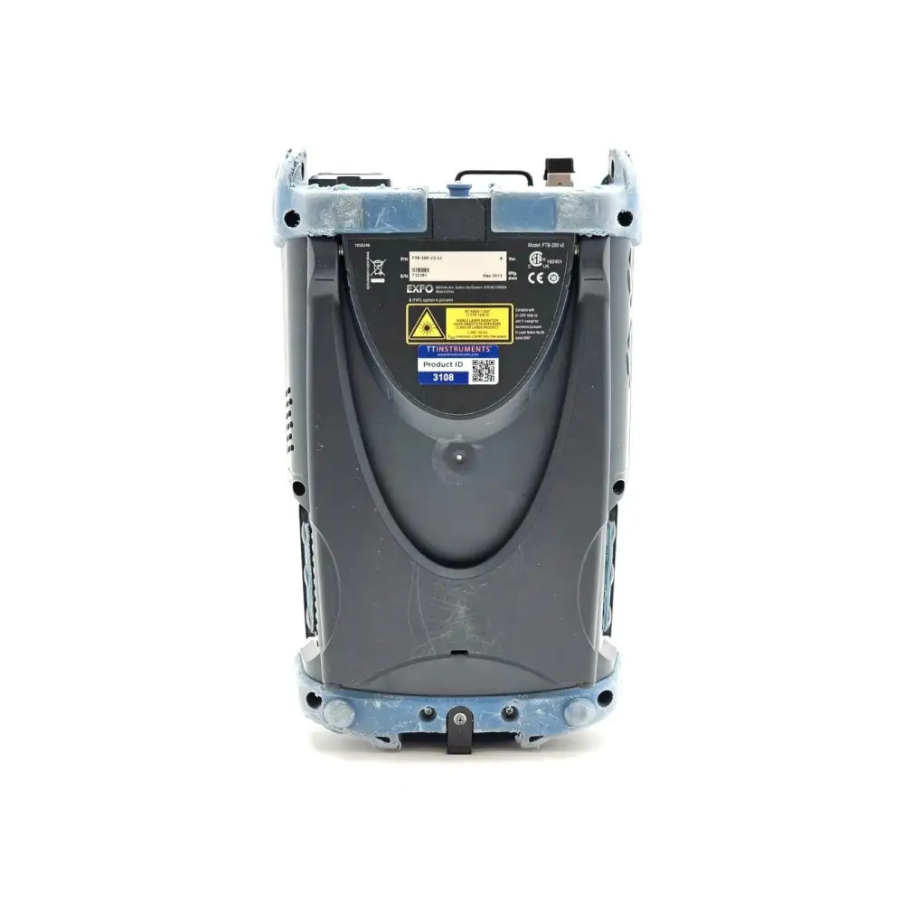 EXFO FTB-200 V2 rear panel with product label showing P/N FTB-200-V2-S1, S/N 712381, Mfg May 2013 and TT Instruments ID 3108