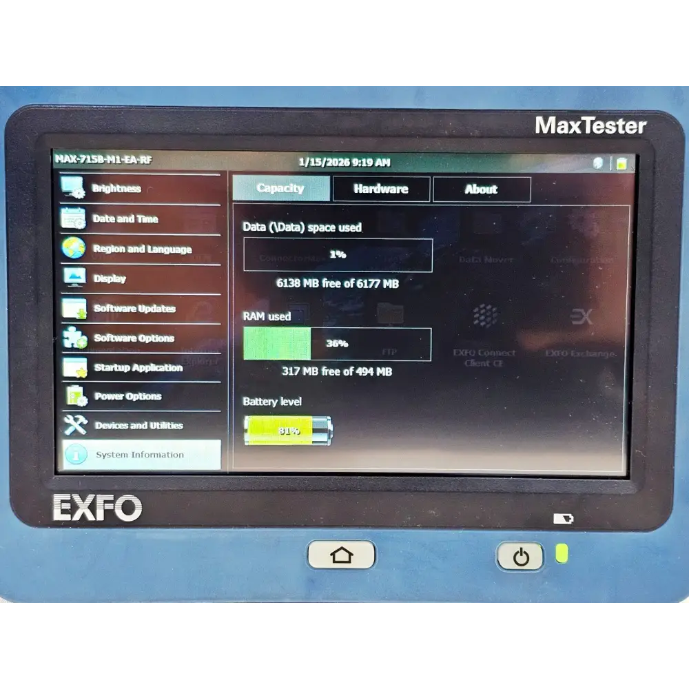 EXFO MAX-715B-M1 OTDR trace display showing fibre loss and event markers at 1550nm