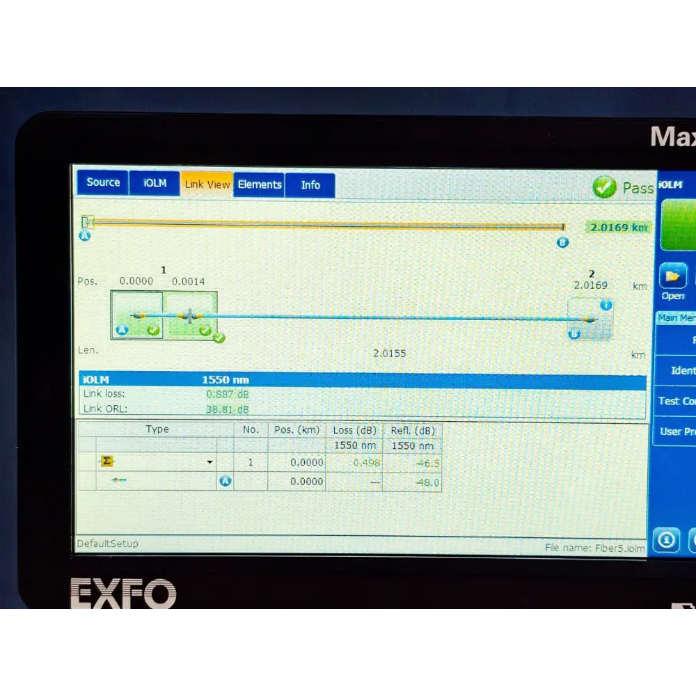 EXFO MAX-715B-M1 iOLM OTDR unit showing keyboard and navigation controls
