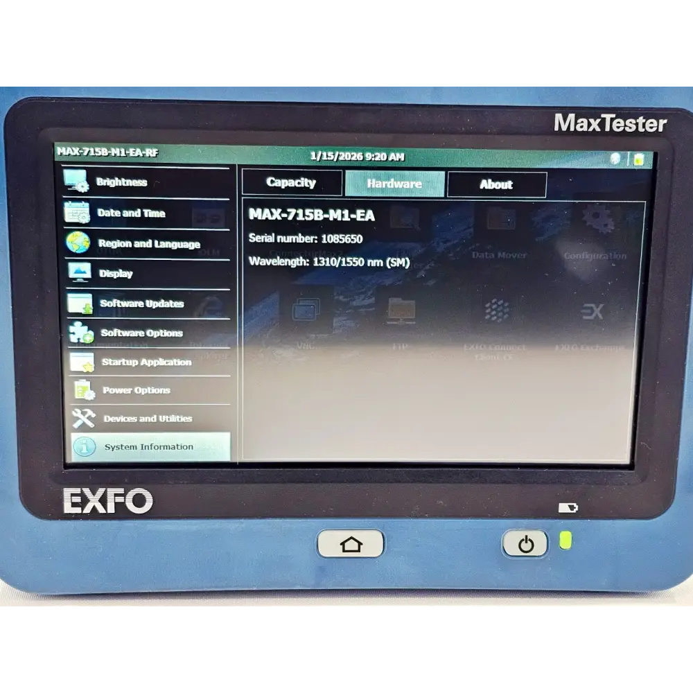 EXFO MAX-715B-M1 MaxTester screen showing dual wavelength 1310 1550nm test results