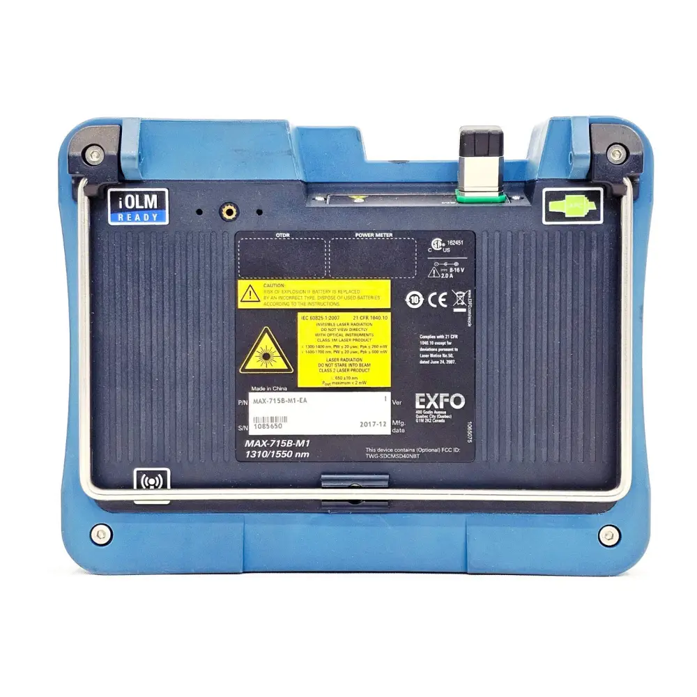 EXFO MAX-715B-M1 MaxTester rear panel and battery compartment detail