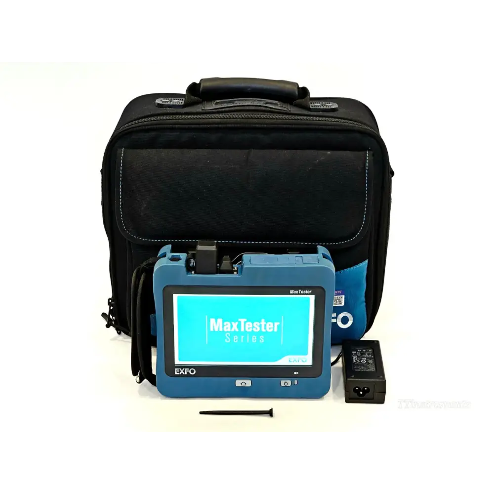 EXFO MAX-720C-Q1 Quad OTDR MaxTester with carry bag, power adapter and stylus — full kit view