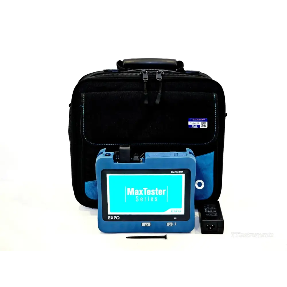 EXFO MAX-720C-Q1 MaxTester OTDR front view with carry bag, stylus and power adapter included