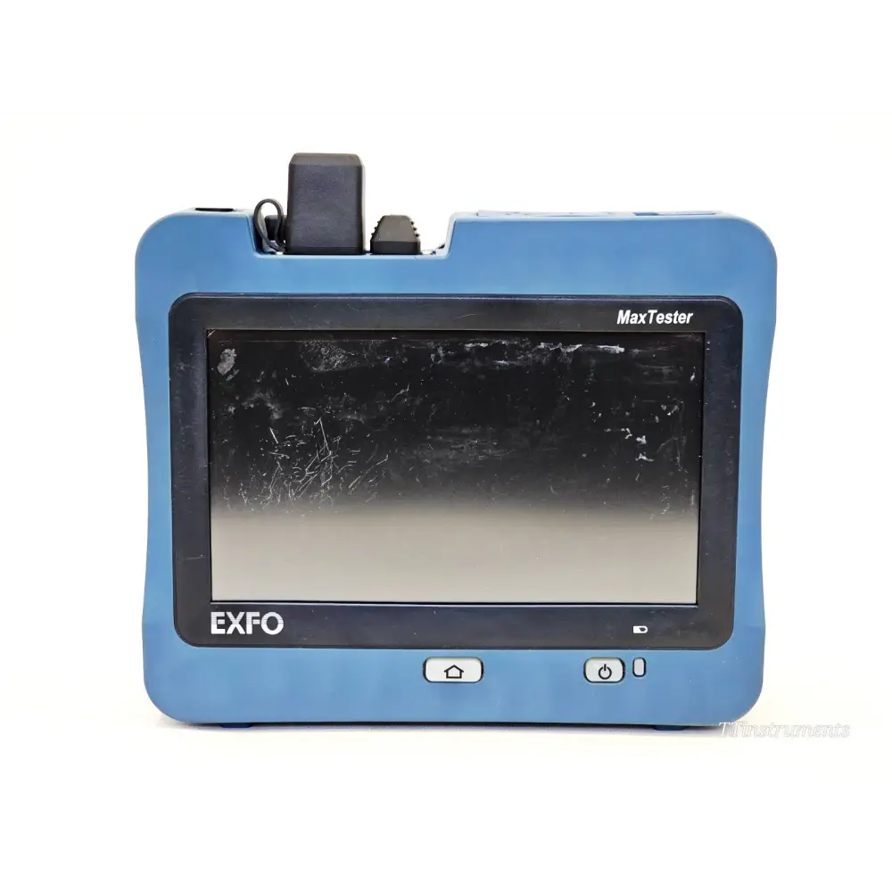 EXFO MAX-720C-Q1 MaxTester OTDR front face showing scratched 7-inch touchscreen display and EXFO branding