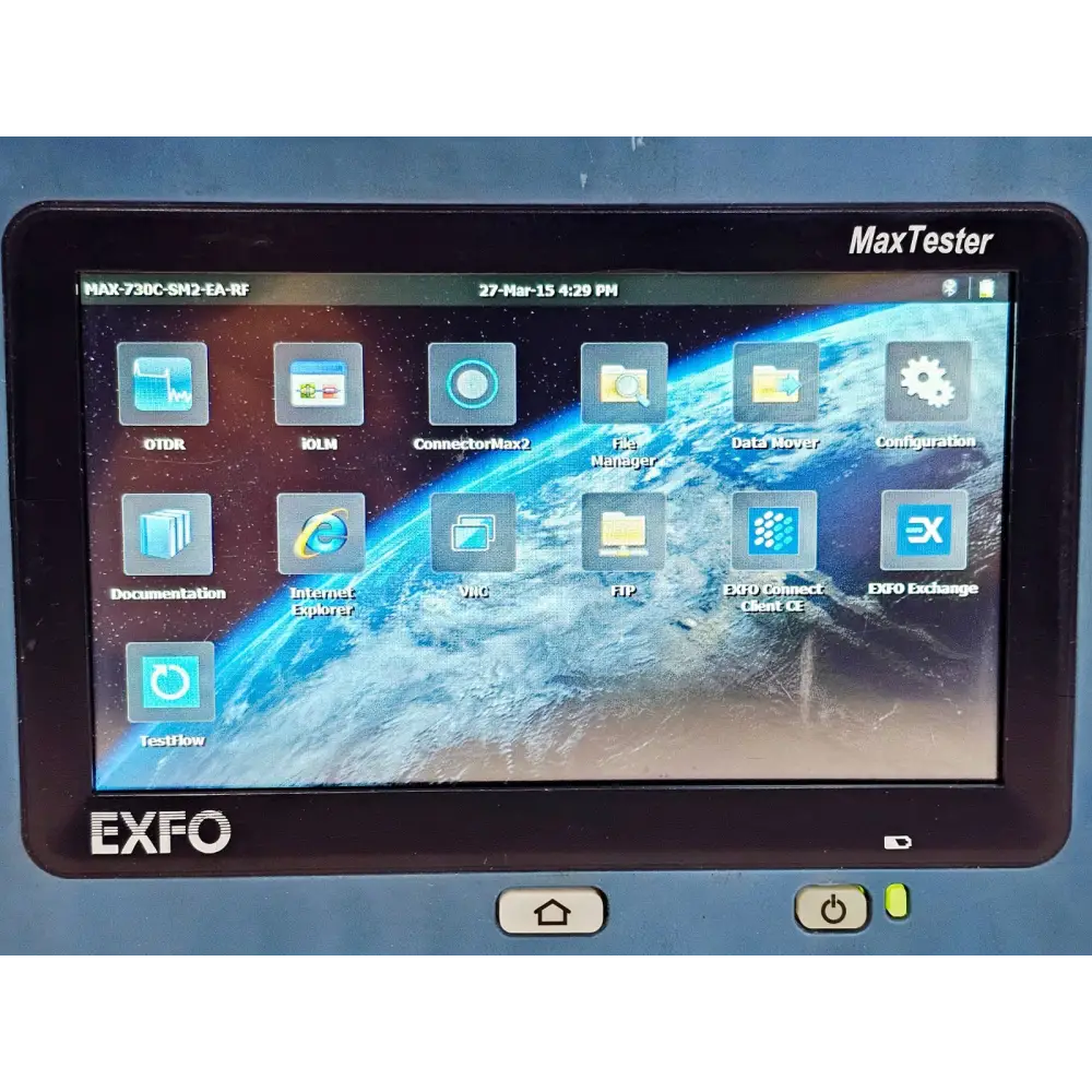 EXFO MAX-730C-SM2 unit label showing model number, serial number and wavelength specs