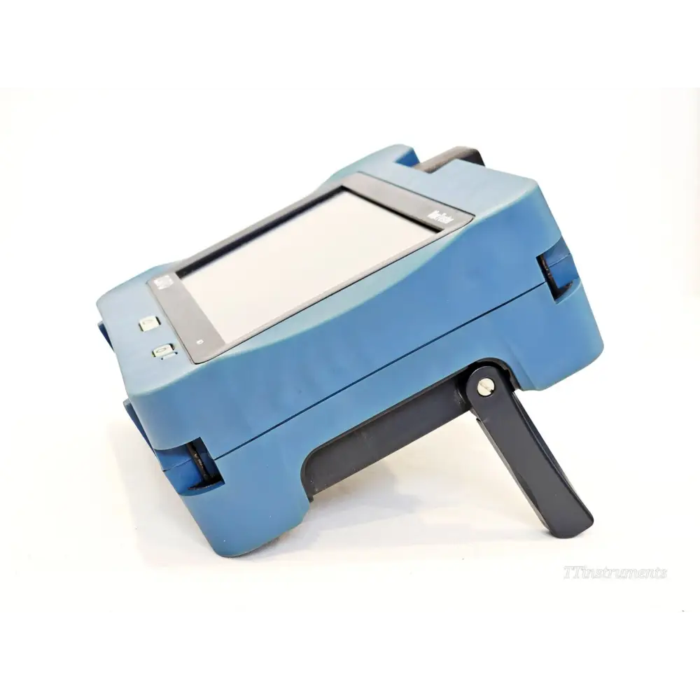 EXFO MAX-730C-SM8 MaxTester OTDR left-side angle view showing kickstand extended and home/power buttons