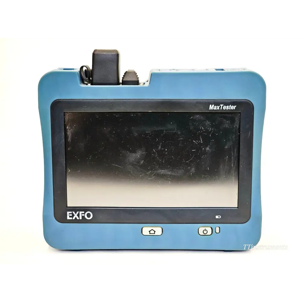 EXFO MAX-730C-SM8 MaxTester front view showing 7-inch touchscreen with visible scratches and OTDR module