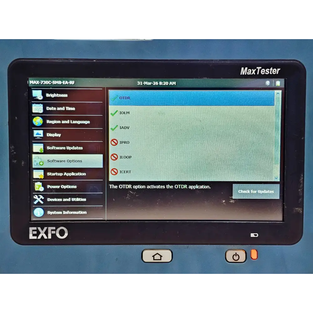 EXFO MAX-730C-SM8 MaxTester OTDR visual fault locator 2.5mm connector port close-up