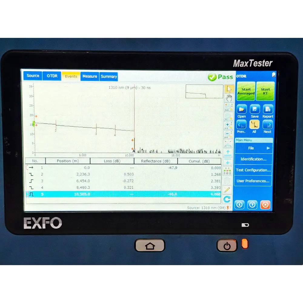 EXFO MAX-730C-SM8 MaxTester OTDR unit showing manufacturer label and serial number plate