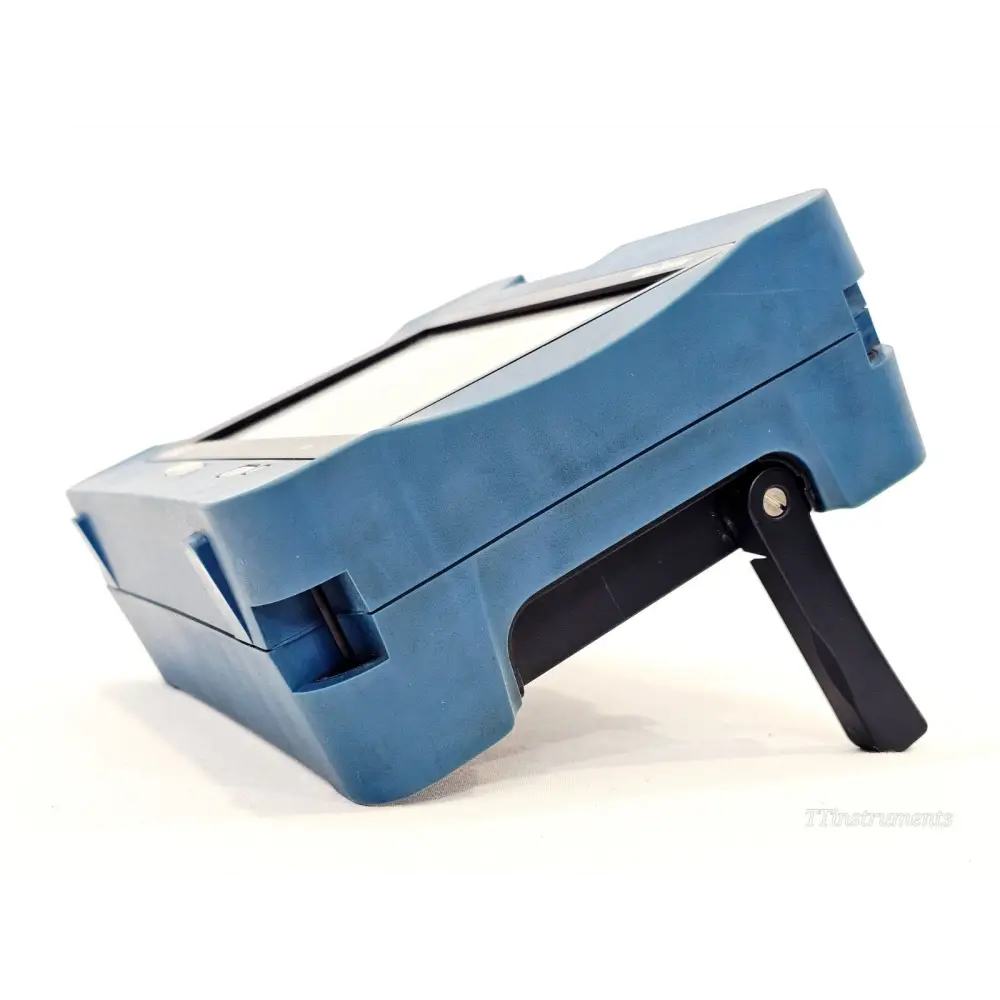 EXFO MAX-730C-SM8 MaxTester OTDR right side view showing kickstand and blue rubber casing