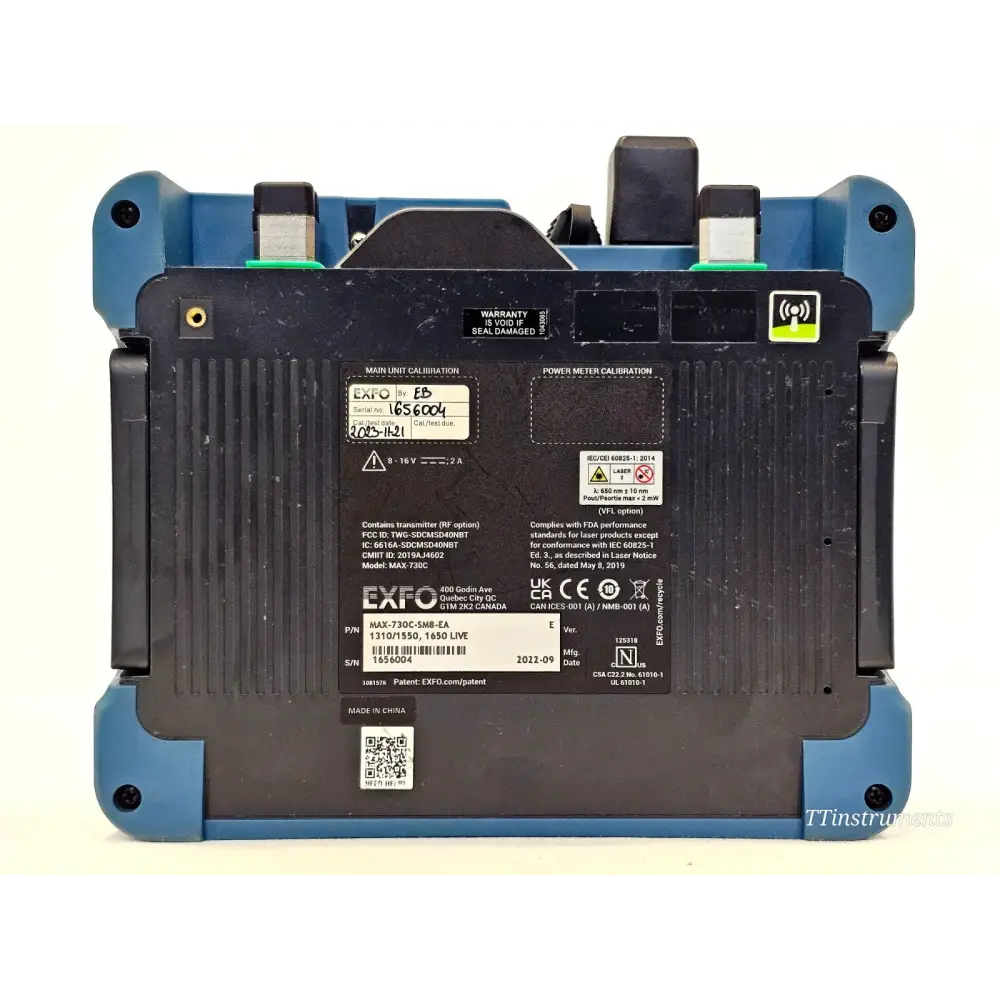 EXFO MAX-730C-SM8 MaxTester rear label showing serial number 1656004, P/N MAX-730C-SM8-EA, 1310/1550/1650 LIVE