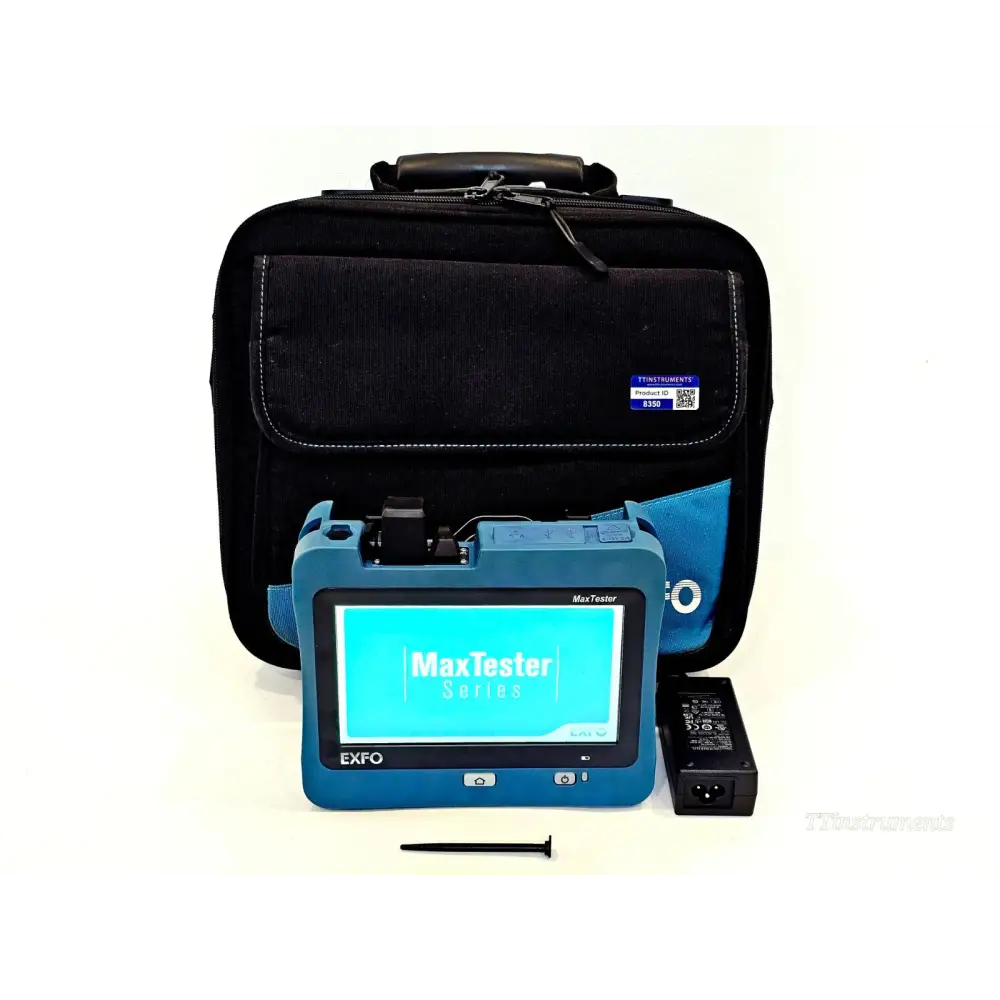 EXFO MAX-730C-SM8 MaxTester OTDR front view with carry bag, power adapter, and stylus