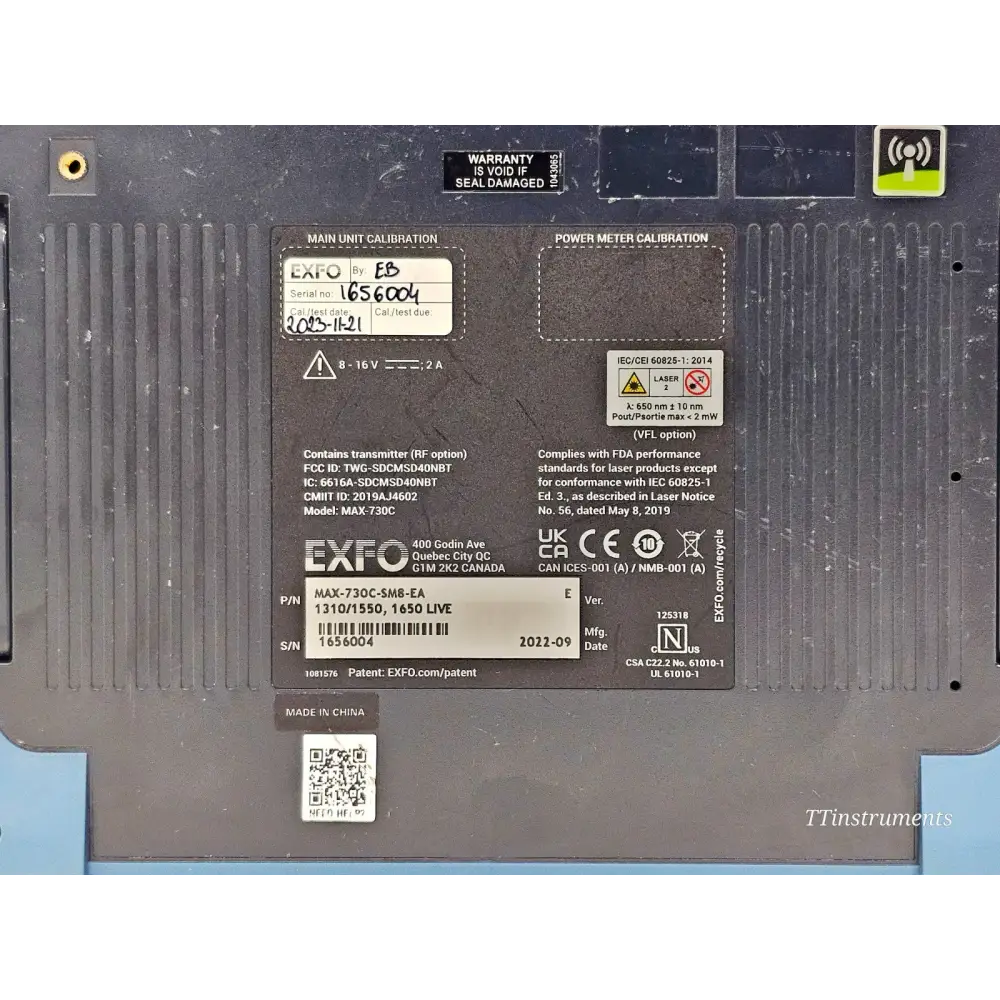 EXFO MAX-730C-SM8 MaxTester rear label close-up showing calibration date 2023-11-21 and serial number 1656004
