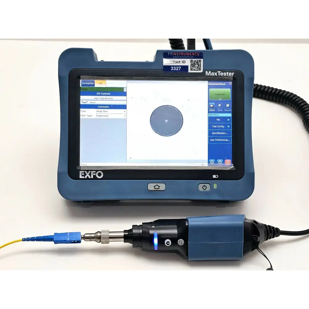 EXFO FIP-410B scope and FIPT-400-U25M tip connected and ready for fibre connector inspection