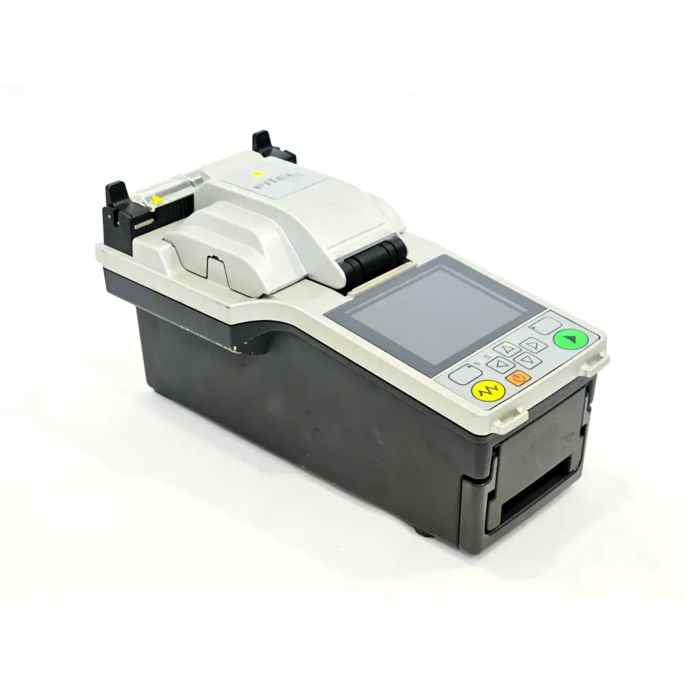 Fitel S177A fusion splicer left-side angle view showing LCD screen, keypad, and heater cover closed