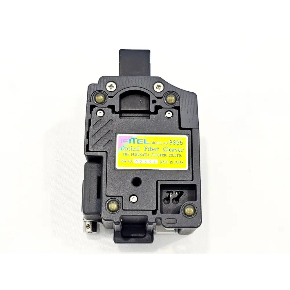 Fitel S325A optical fibre cleaver base label showing model number, serial 02654, CE mark, Made in Japan
