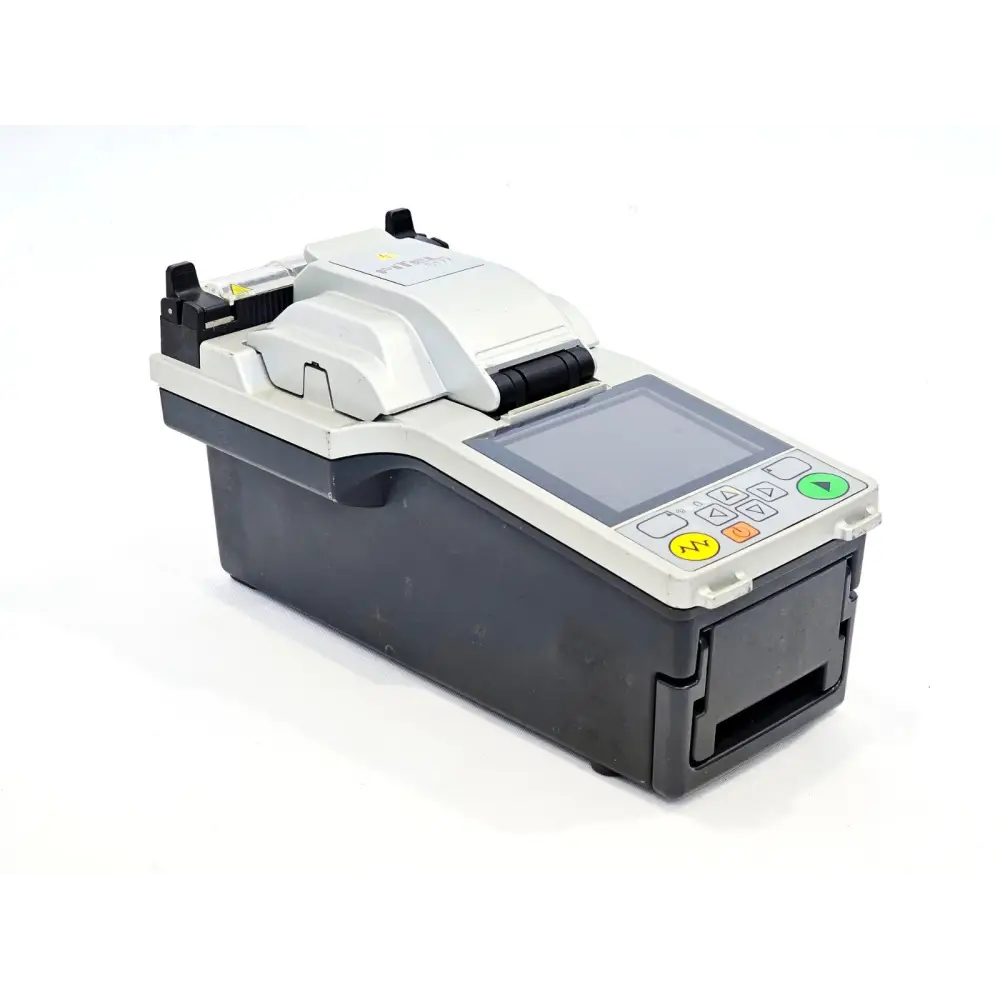Fitel S177A fusion splicer right-side angle view showing LCD display, keypad, and wind protector