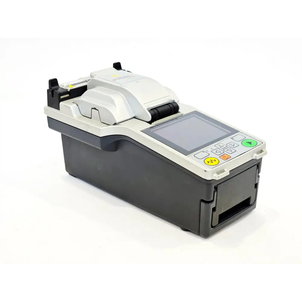 Fitel S177A fusion splicer right-side angle view showing LCD display, keypad and wind protector