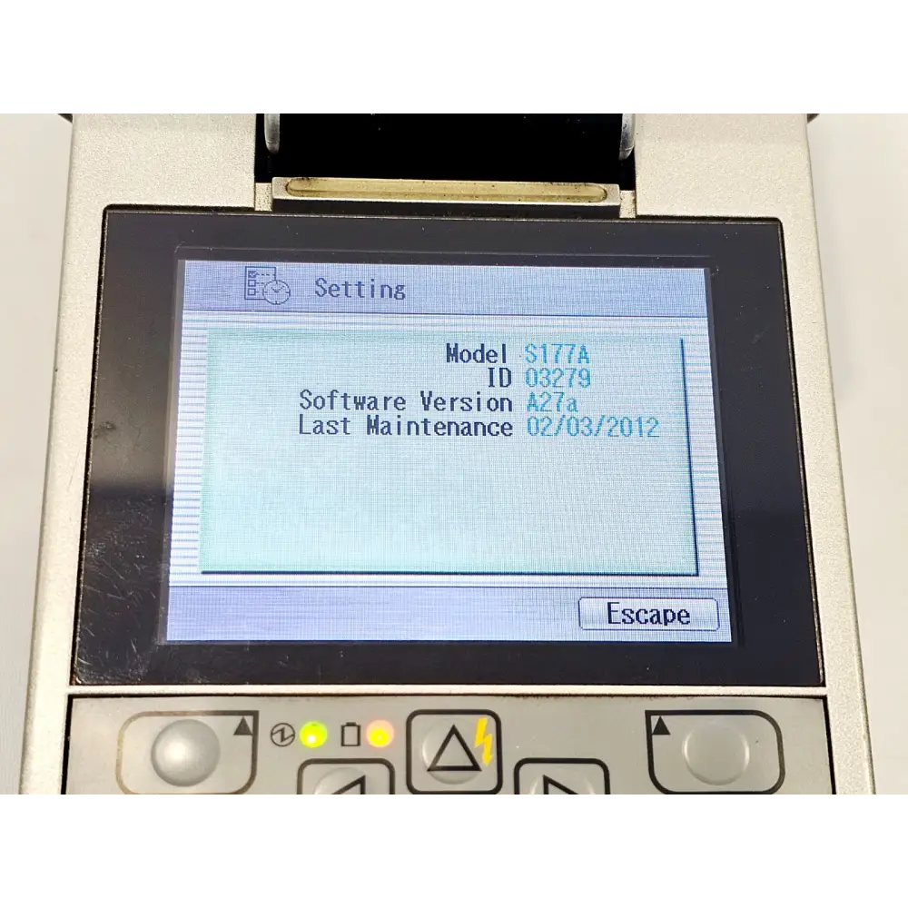 Fitel S177A LCD settings screen showing model S177A, ID 03279, software version A27a, last maintenance 02/03/2012