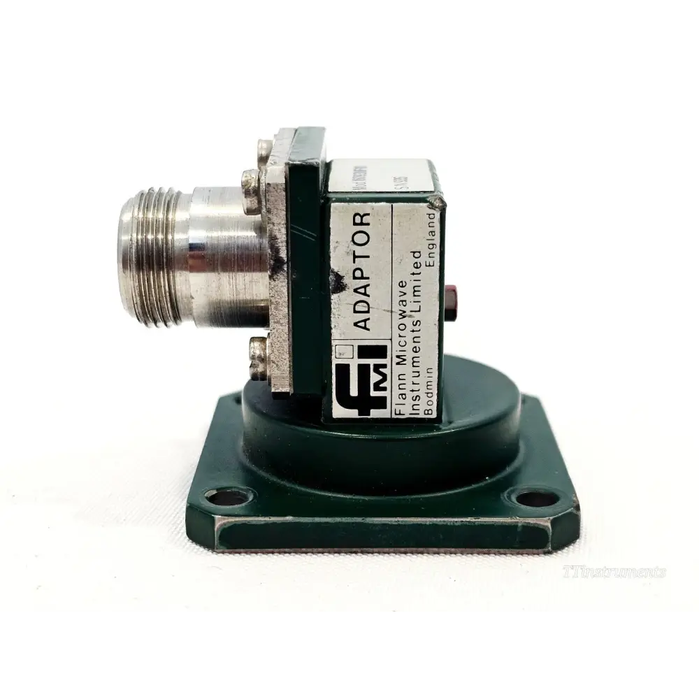 Flann Microwave 16093-NF10 opposite side view showing N-type coaxial port, adaptor label and green painted body