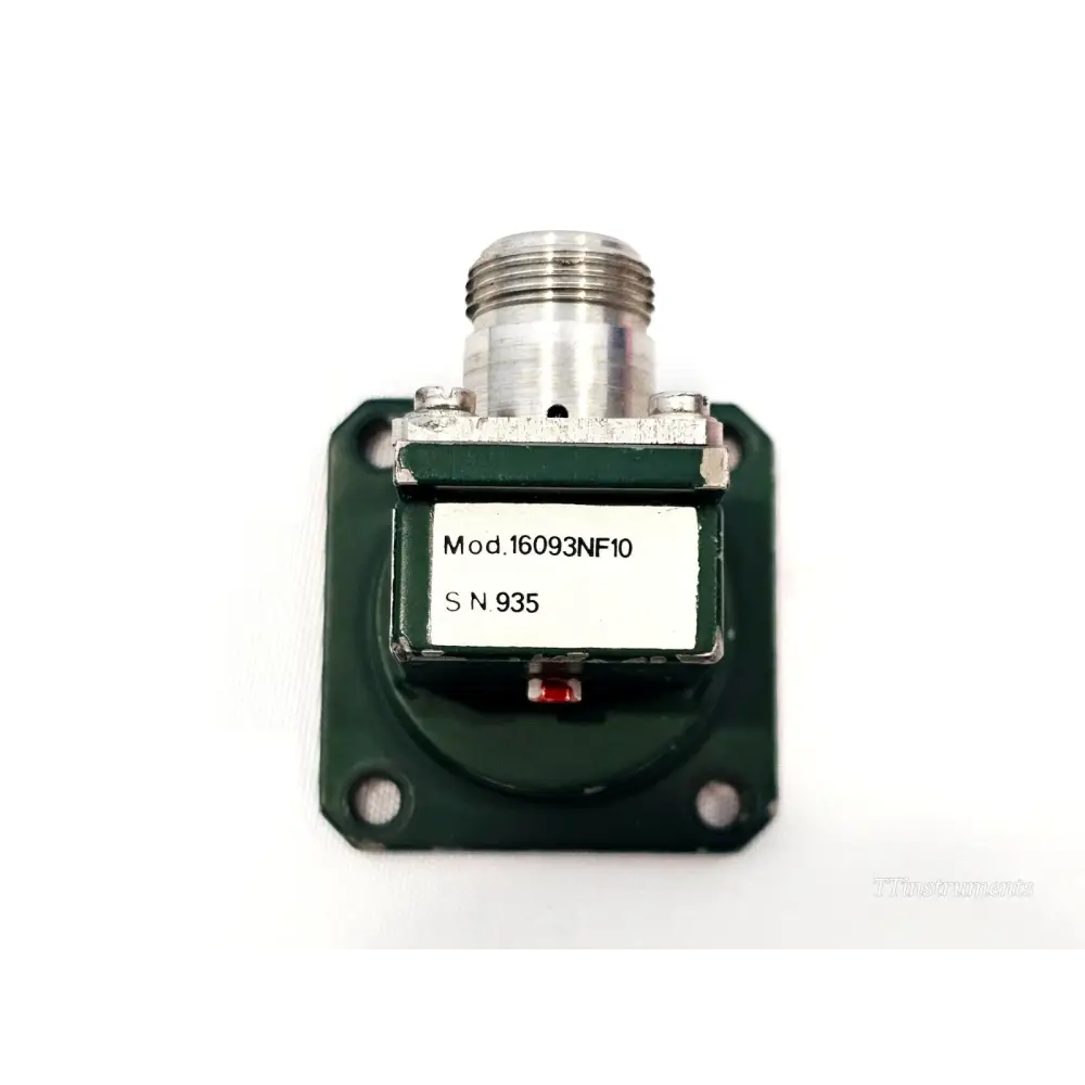 Flann Microwave 16093-NF10 top view showing N-type coaxial connector and model label Mod.16093NF10 S/N 935