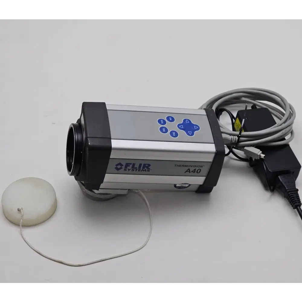 FLIR Thermovision A40 thermal camera rear-left view showing blue control buttons, FireWire cable and power adapter