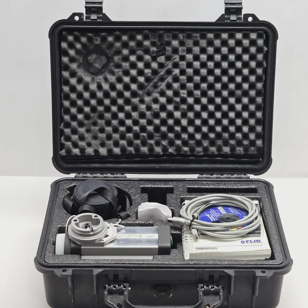FLIR Thermovision A40 thermal imager kit in open hard carry case with foam insert, IR-Lens, cables, manual and CD