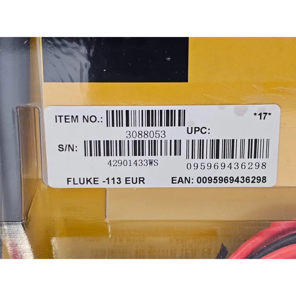 Fluke 113 EUR label showing item number 3088053, serial number 42901433WS and EAN barcode