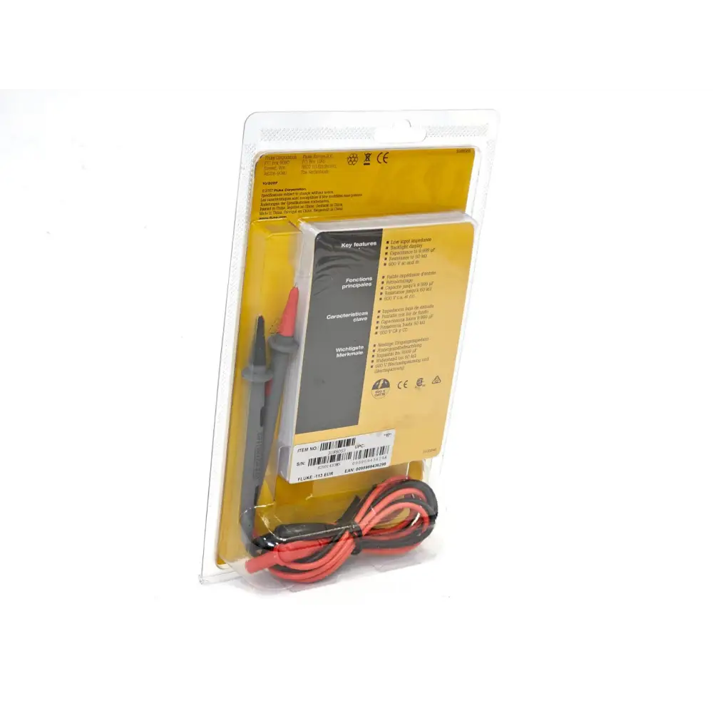 Fluke 113 True RMS Multimeter blister pack rear view showing TL75 test leads and key features label