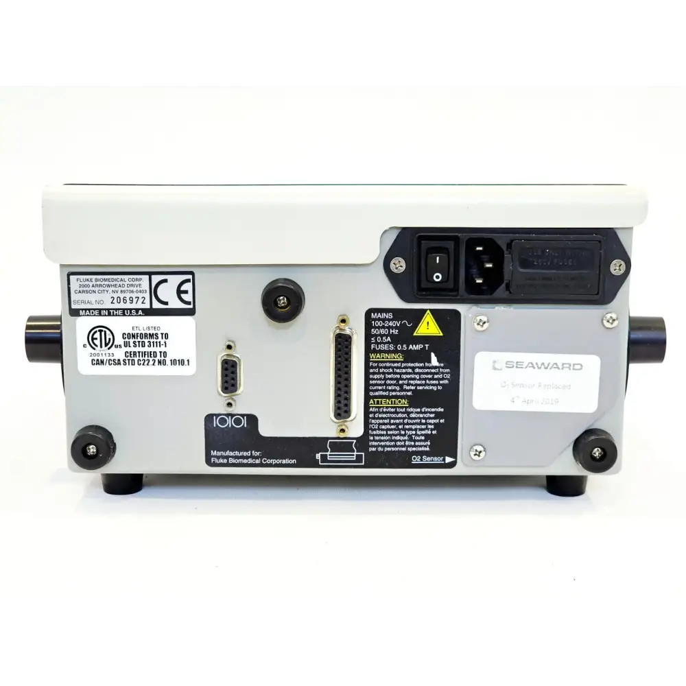 Fluke Biomedical VT Plus HF Gas Flow Analyzer — rear panel close-up showing ETL listing, CE mark, serial no. 206972, and service label