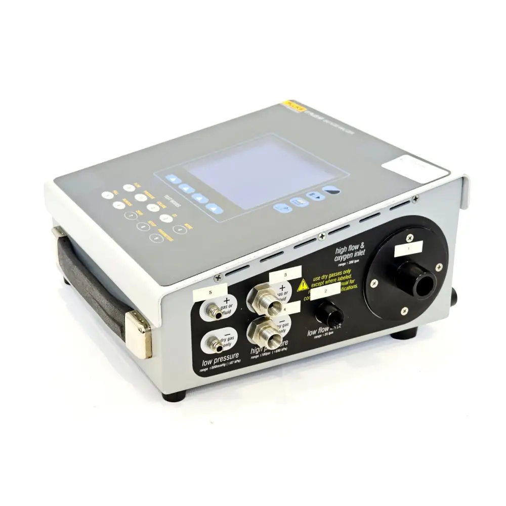 Fluke Biomedical VT Plus HF — right side view showing high flow & oxygen inlet, low pressure, high pressure, and low flow inlet ports