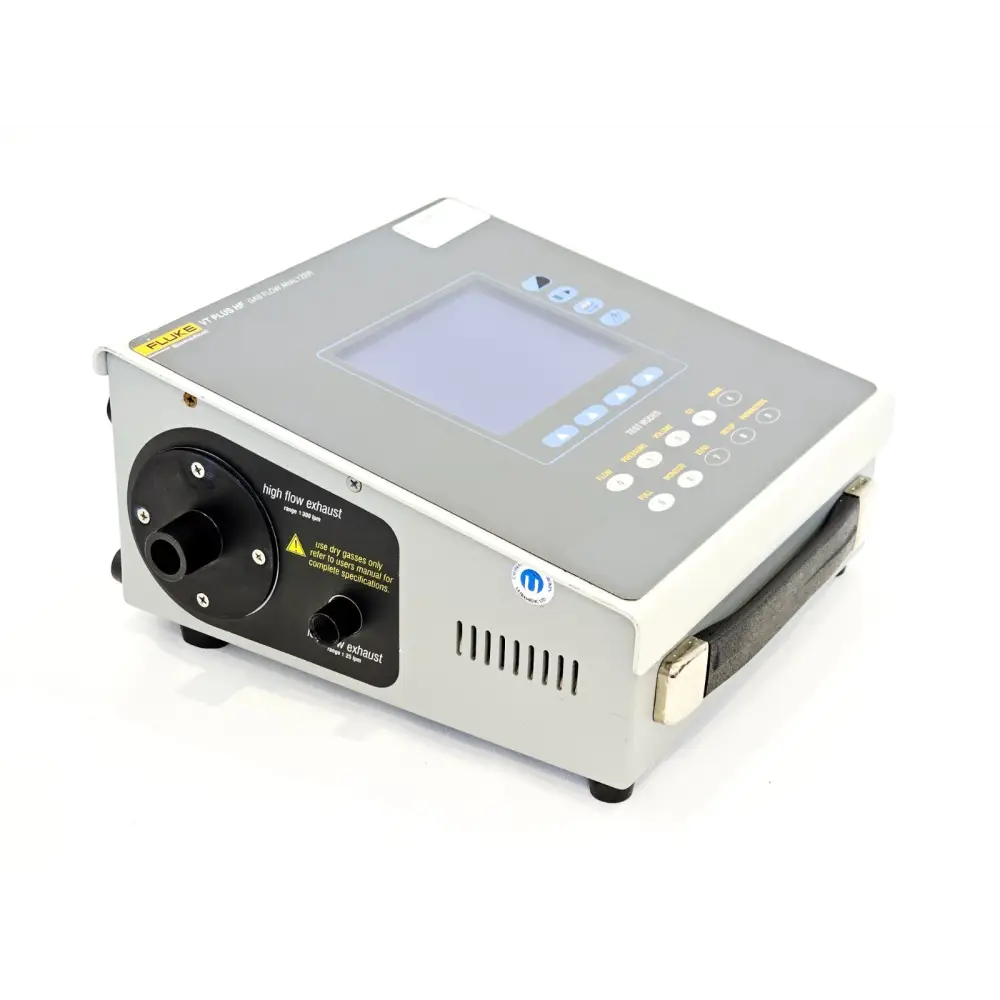 Fluke Biomedical VT Plus HF Gas Flow Analyzer — left side view showing high flow exhaust port (range 1-300 lpm) and low flow exhaust port