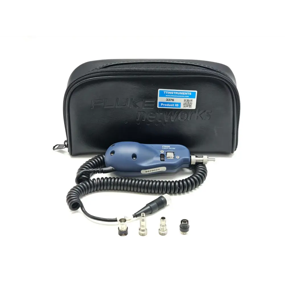Fluke Networks FT650 Fiber Probe with coiled cable, 4 adapter tips (FBPT-FC, U25M, ST, SC) and Fluke Networks soft carry bag