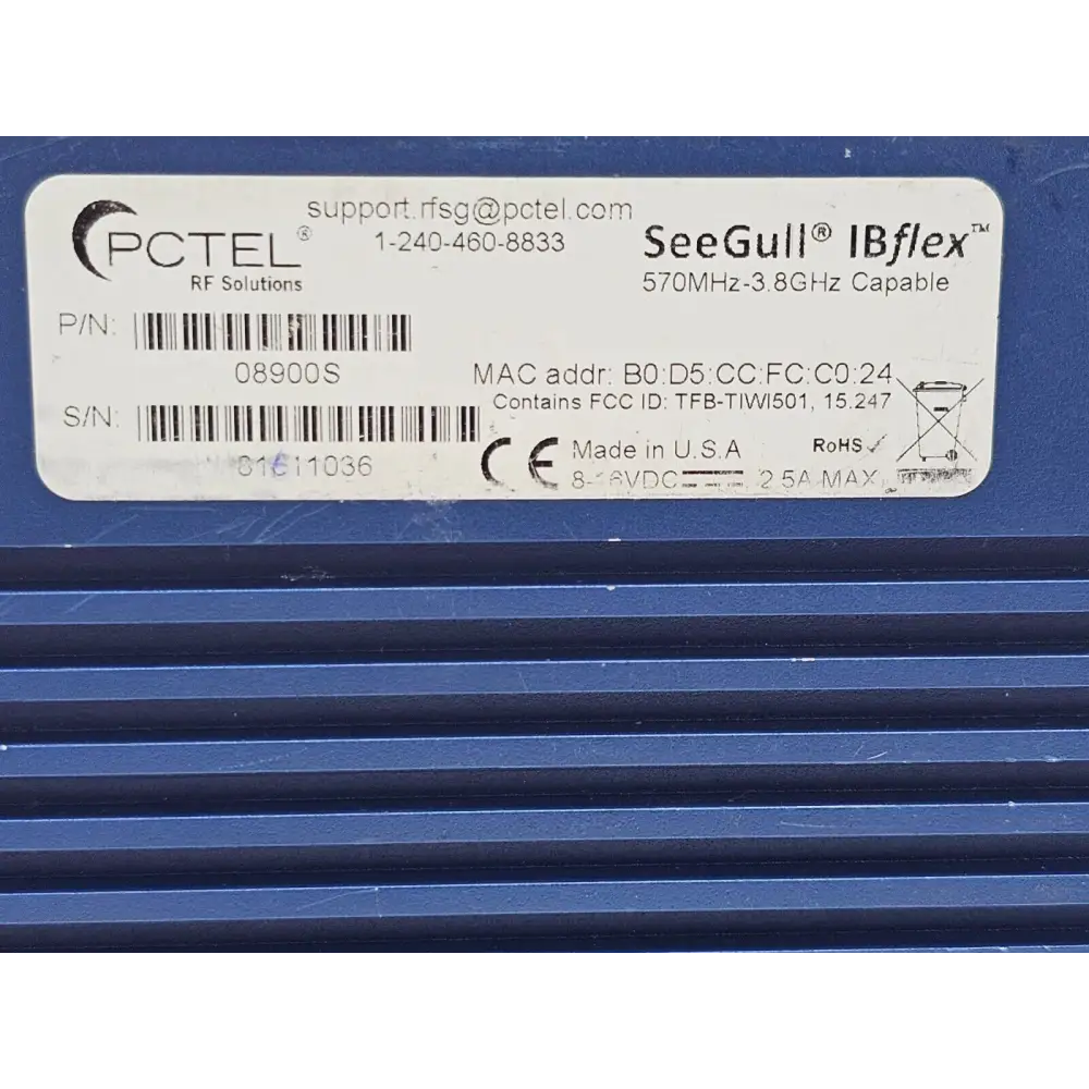 PCTEL IBflex scanner bottom view showing product identification label
