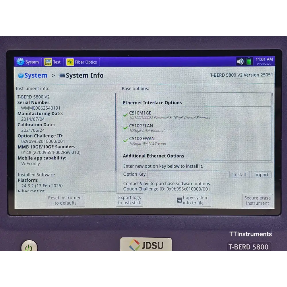 Viavi MTS 5800 v2 touchscreen interface displaying test menu options