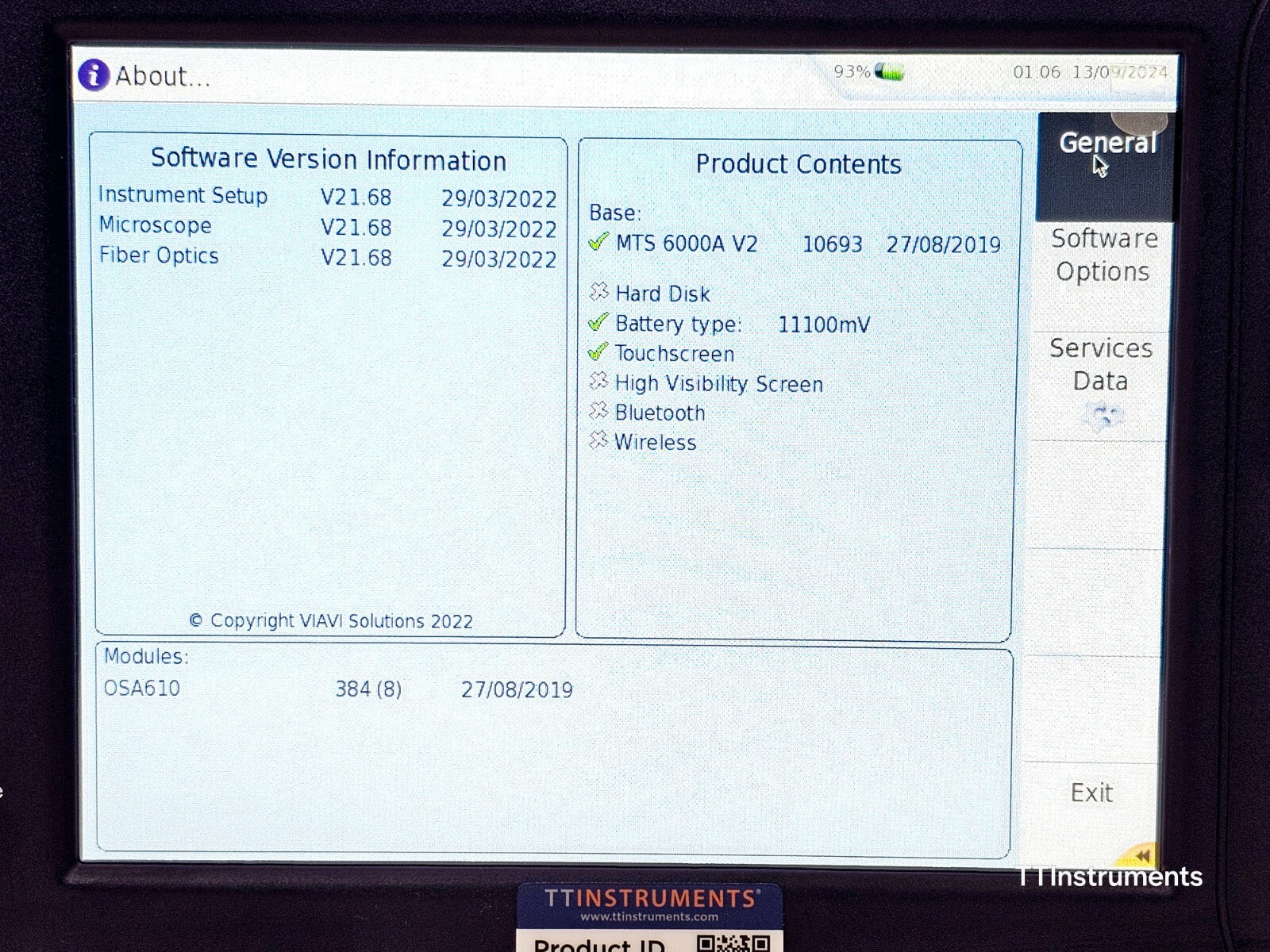 FOR PARTS Viavi MTS 6000A V2 w/ OSA610 High Resolution Optical DWDM Analyzer